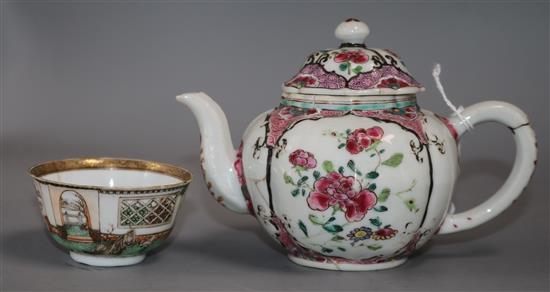 A Chinese famille rose teabowl, Yongzheng period and a small size 18th century Chinese teapot, ex Geoffrey Godden collection teapot hei